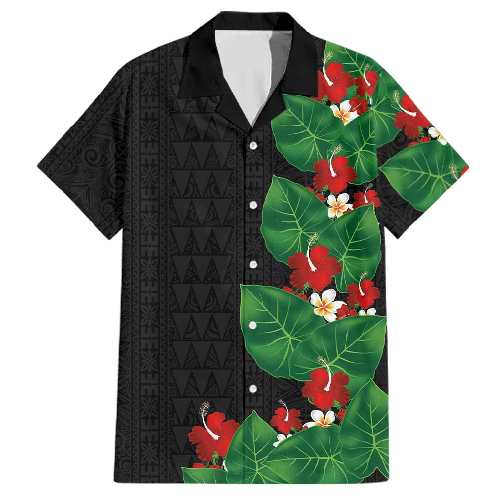 Hawaiian Taro Leaves-Hibiscus and Plumeria Family Matching Tank Maxi Dress and Hawaiian Shirt Polynesian Art-Kakau Tattoo Black LT03 Dad's Shirt - Short Sleeve Black - Polynesian Pride