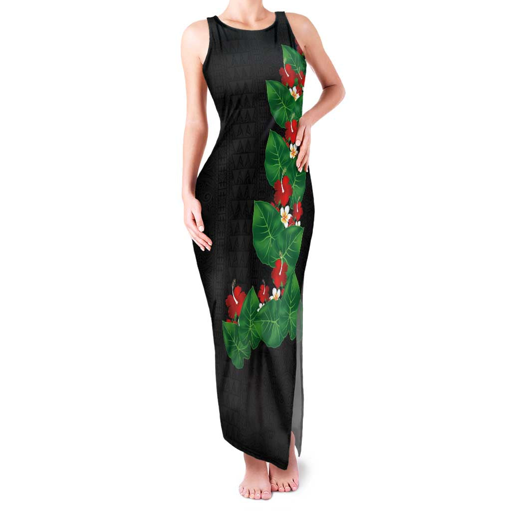 Hawaiian Taro Leaves-Hibiscus and Plumeria Family Matching Tank Maxi Dress and Hawaiian Shirt Polynesian Art-Kakau Tattoo Black LT03 Mom's Dress Black - Polynesian Pride