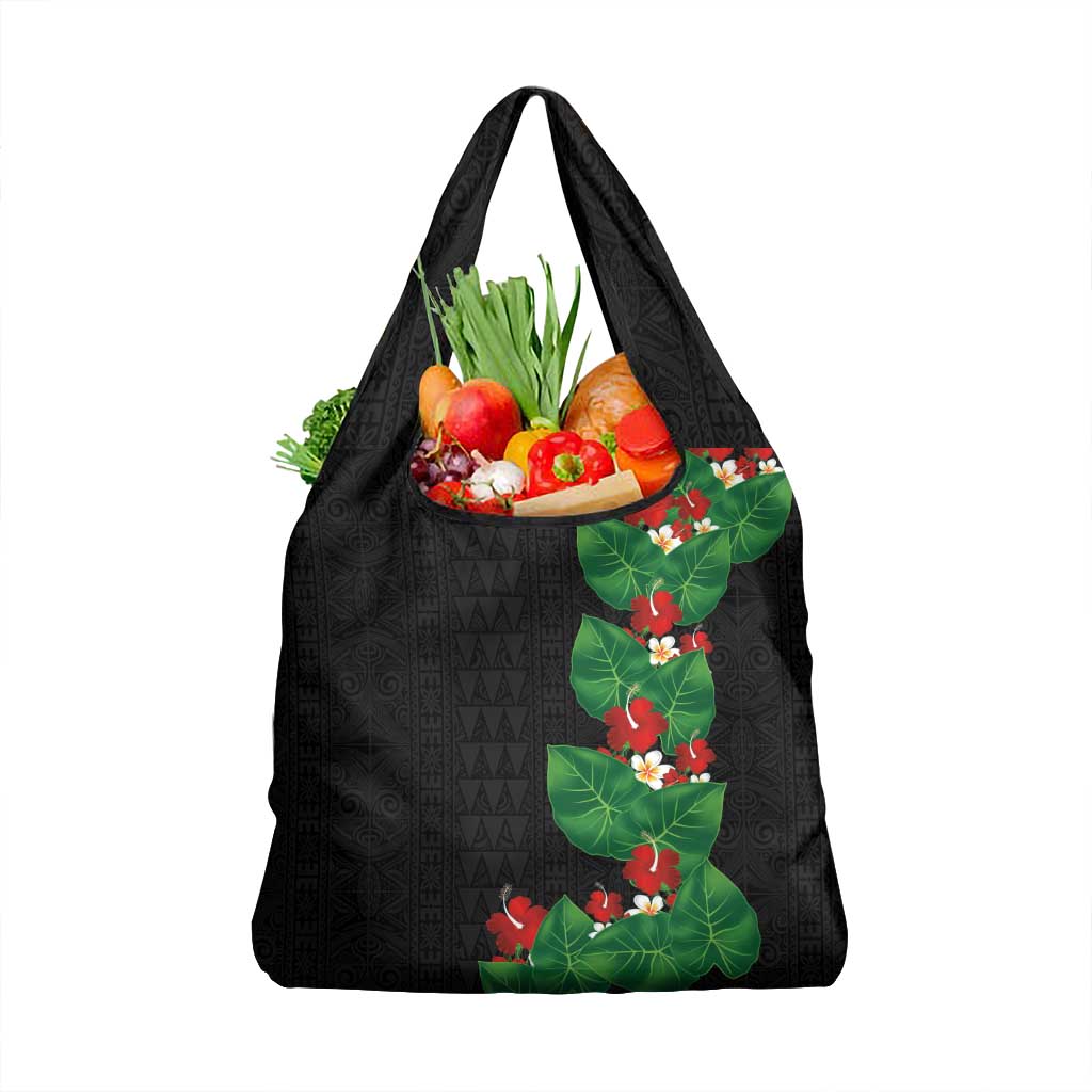 Hawaiian Taro Leaves-Hibiscus and Plumeria Grocery Bag Polynesian Art-Kakau Tattoo Black