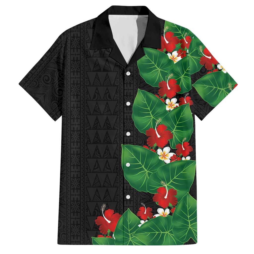Hawaiian Taro Leaves-Hibiscus and Plumeria Hawaiian Shirt Polynesian Art-Kakau Tattoo Black LT03 Black - Polynesian Pride