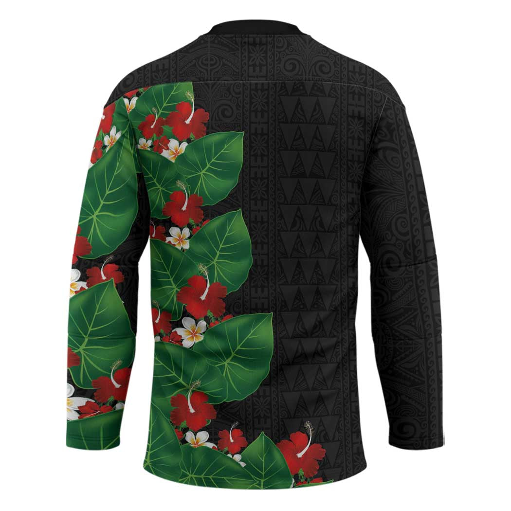 Hawaiian Taro Leaves-Hibiscus and Plumeria Hockey Jersey Polynesian Art-Kakau Tattoo Black LT03 - Polynesian Pride