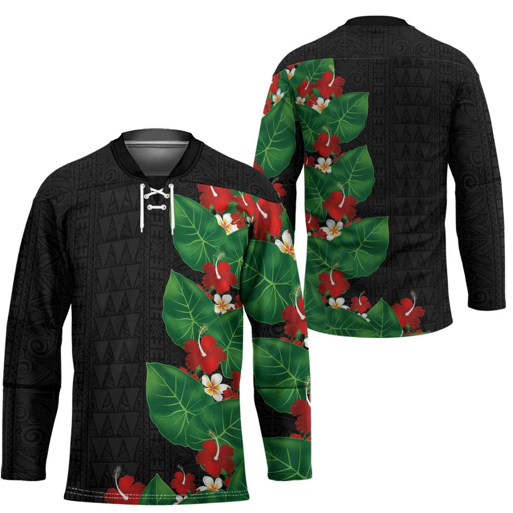 Hawaiian Taro Leaves-Hibiscus and Plumeria Hockey Jersey Polynesian Art-Kakau Tattoo Black LT03 - Polynesian Pride