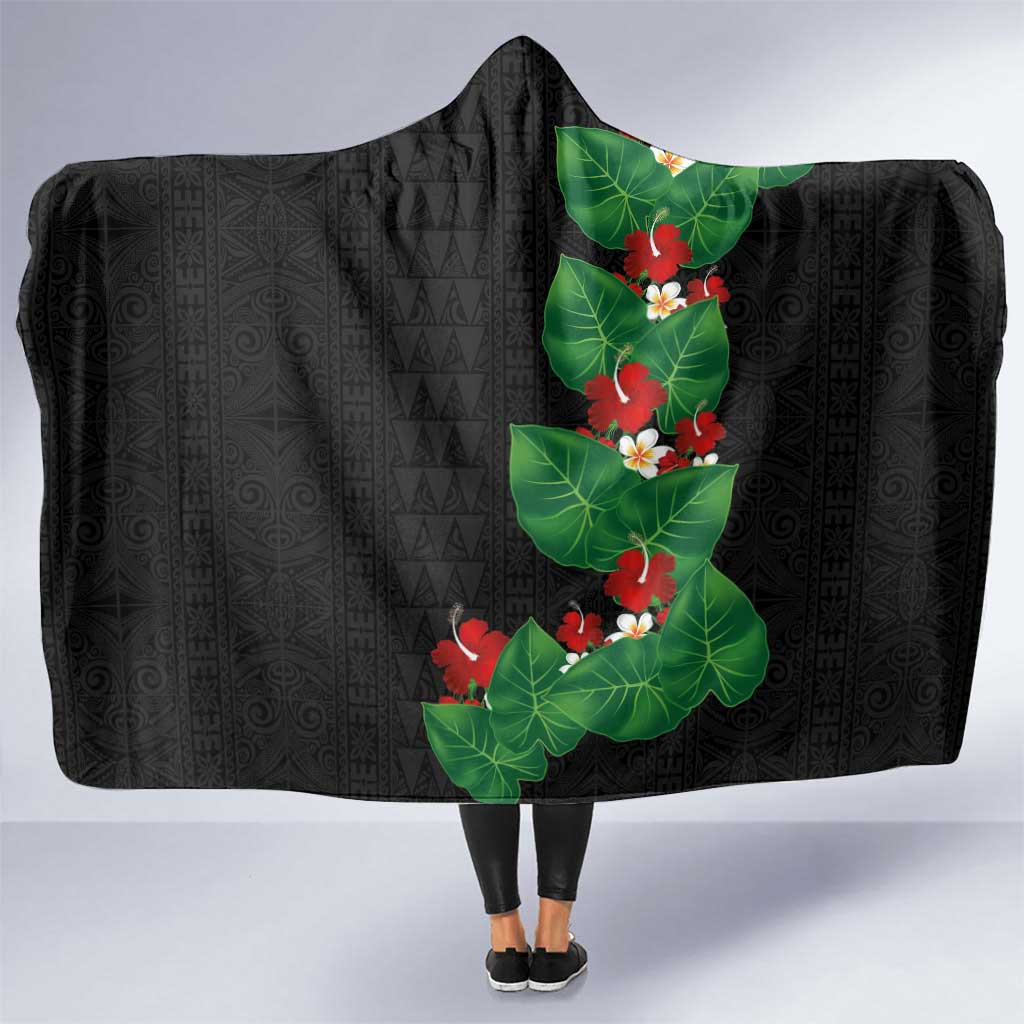 Hawaiian Taro Leaves-Hibiscus and Plumeria Hooded Blanket Polynesian Art-Kakau Tattoo Black