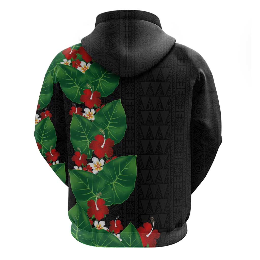 Hawaiian Taro Leaves-Hibiscus and Plumeria Hoodie Polynesian Art-Kakau Tattoo Black LT03 - Polynesian Pride