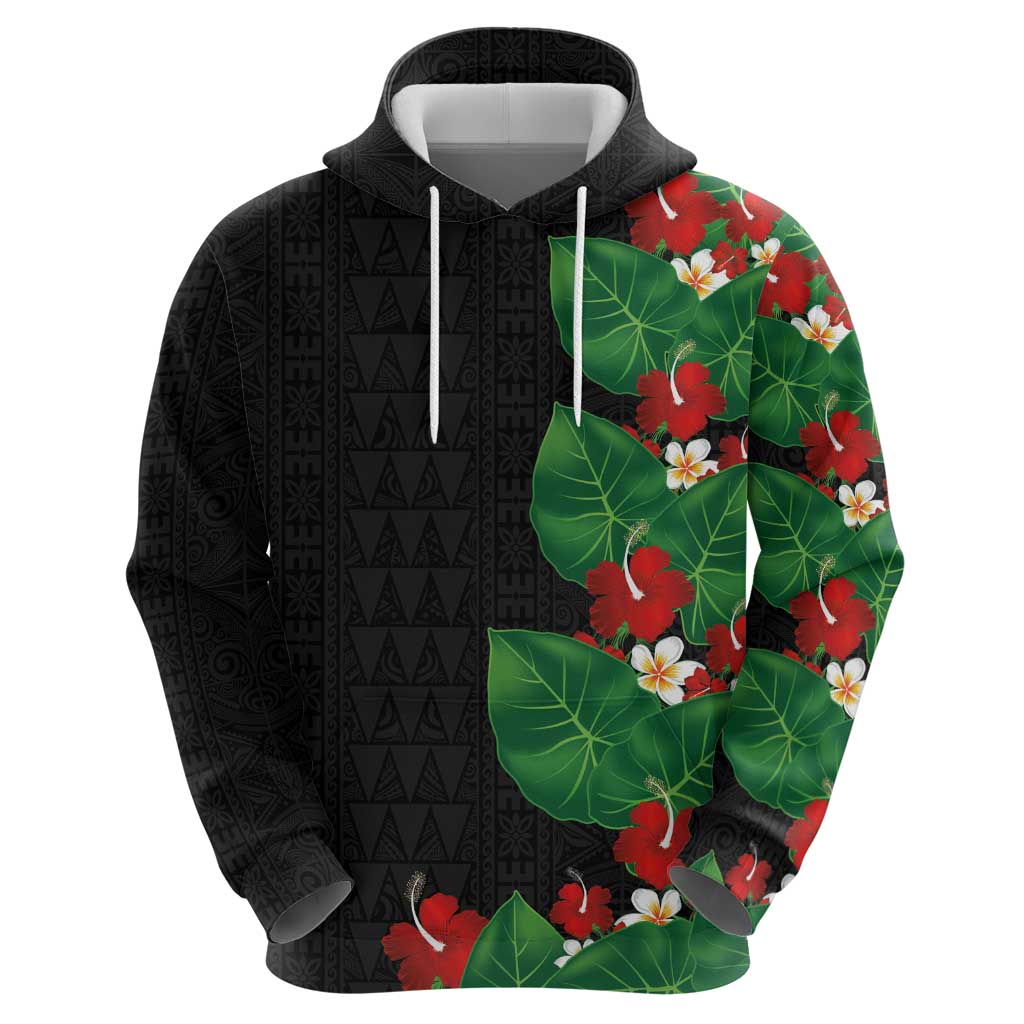 Hawaiian Taro Leaves-Hibiscus and Plumeria Hoodie Polynesian Art-Kakau Tattoo Black LT03 - Polynesian Pride