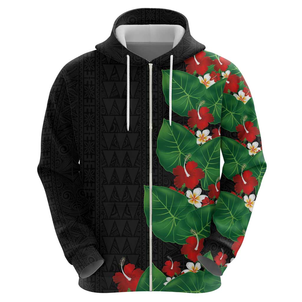 Hawaiian Taro Leaves-Hibiscus and Plumeria Hoodie Polynesian Art-Kakau Tattoo Black LT03 - Polynesian Pride