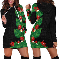 Hawaiian Taro Leaves-Hibiscus and Plumeria Hoodie Dress Polynesian Art-Kakau Tattoo Black LT03 - Polynesian Pride