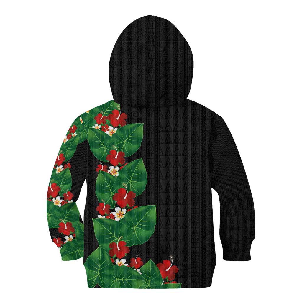 Hawaiian Taro Leaves-Hibiscus and Plumeria Kid Hoodie Polynesian Art-Kakau Tattoo Black LT03 - Polynesian Pride