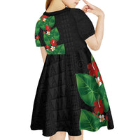 Hawaiian Taro Leaves-Hibiscus and Plumeria Kid Short Sleeve Dress Polynesian Art-Kakau Tattoo Black LT03 - Polynesian Pride