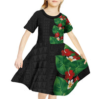 Hawaiian Taro Leaves-Hibiscus and Plumeria Kid Short Sleeve Dress Polynesian Art-Kakau Tattoo Black LT03 - Polynesian Pride