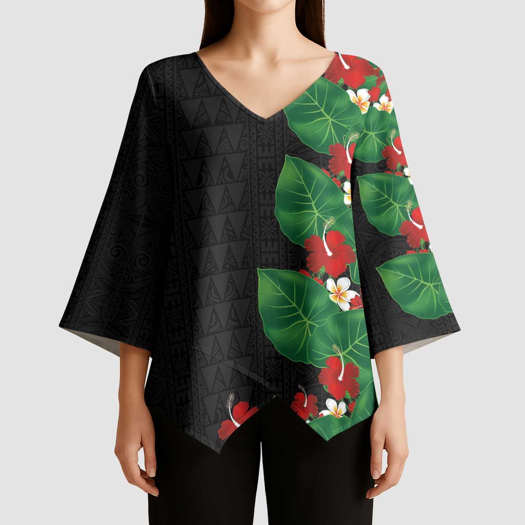 Hawaiian Taro Leaves-Hibiscus and Plumeria Kimono Sleeve Blouse Polynesian Art-Kakau Tattoo Black