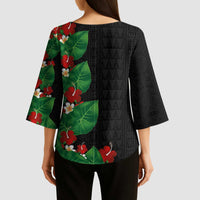 Hawaiian Taro Leaves-Hibiscus and Plumeria Kimono Sleeve Blouse Polynesian Art-Kakau Tattoo Black