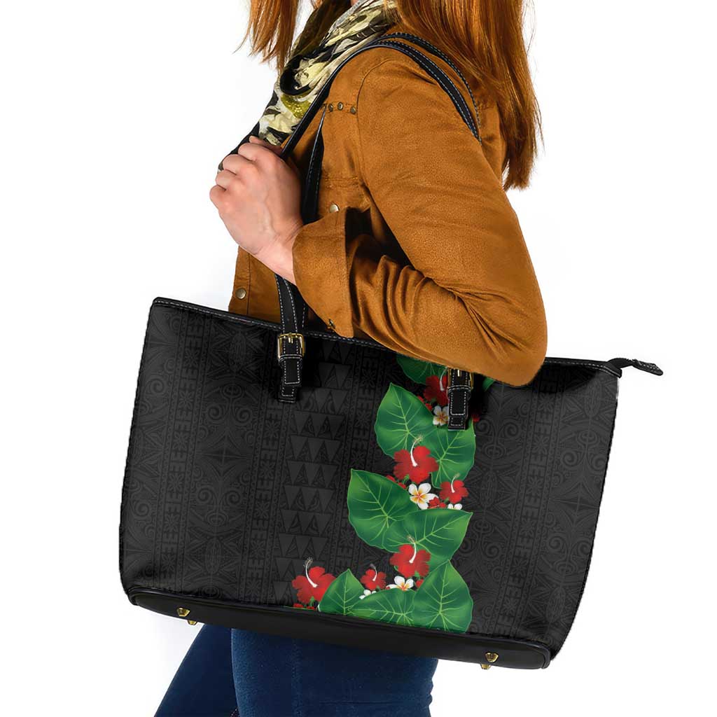 Hawaiian Taro Leaves-Hibiscus and Plumeria Leather Tote Bag Polynesian Art-Kakau Tattoo Black