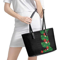 Hawaiian Taro Leaves-Hibiscus and Plumeria Leather Tote Bag Polynesian Art-Kakau Tattoo Black