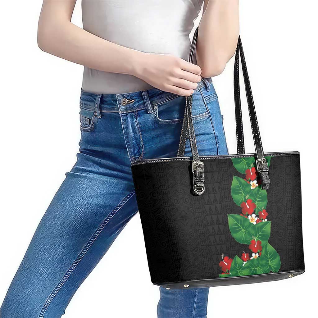 Hawaiian Taro Leaves-Hibiscus and Plumeria Leather Tote Bag Polynesian Art-Kakau Tattoo Black