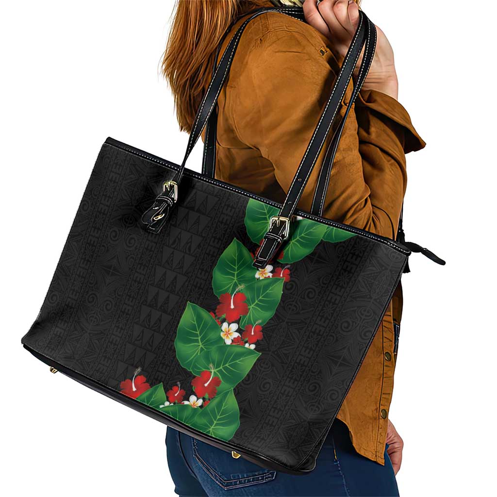 Hawaiian Taro Leaves-Hibiscus and Plumeria Leather Tote Bag Polynesian Art-Kakau Tattoo Black