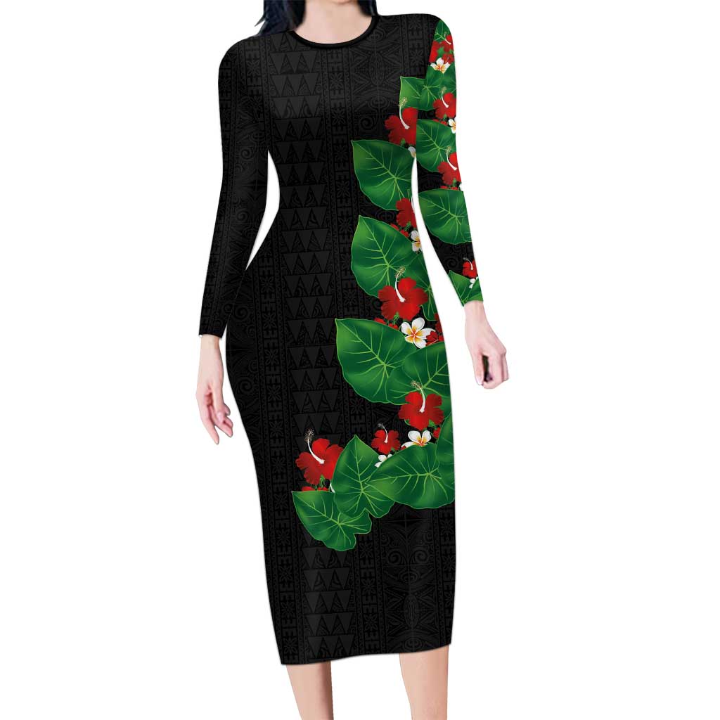 Hawaiian Taro Leaves-Hibiscus and Plumeria Long Sleeve Bodycon Dress Polynesian Art-Kakau Tattoo Black LT03 Long Dress Black - Polynesian Pride