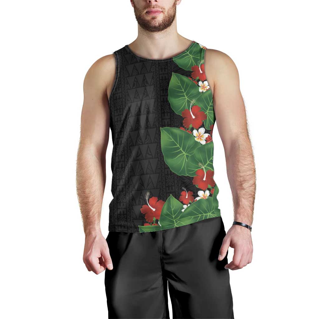 Hawaiian Taro Leaves-Hibiscus and Plumeria Men Tank Top Polynesian Art-Kakau Tattoo Black
