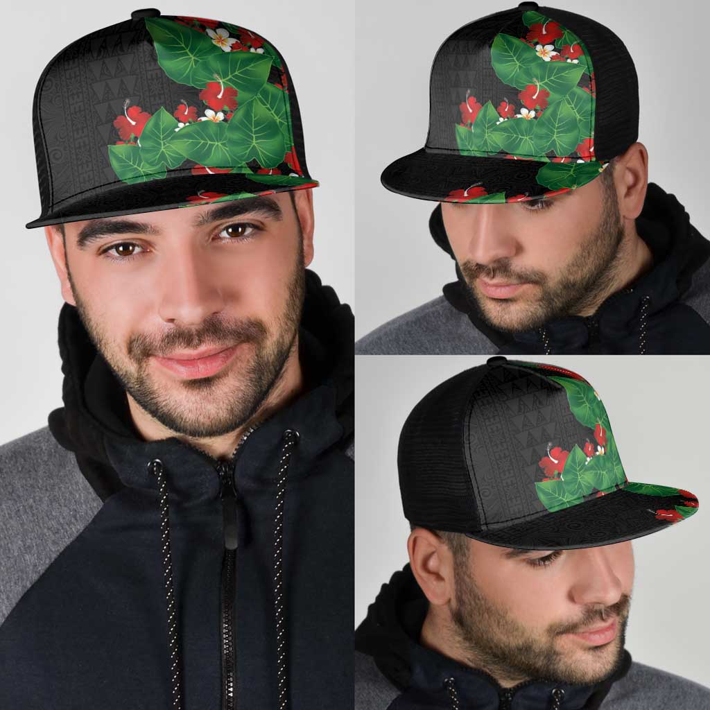 Hawaiian Taro Leaves-Hibiscus and Plumeria Mesh Trucker Cap Polynesian Art-Kakau Tattoo Black