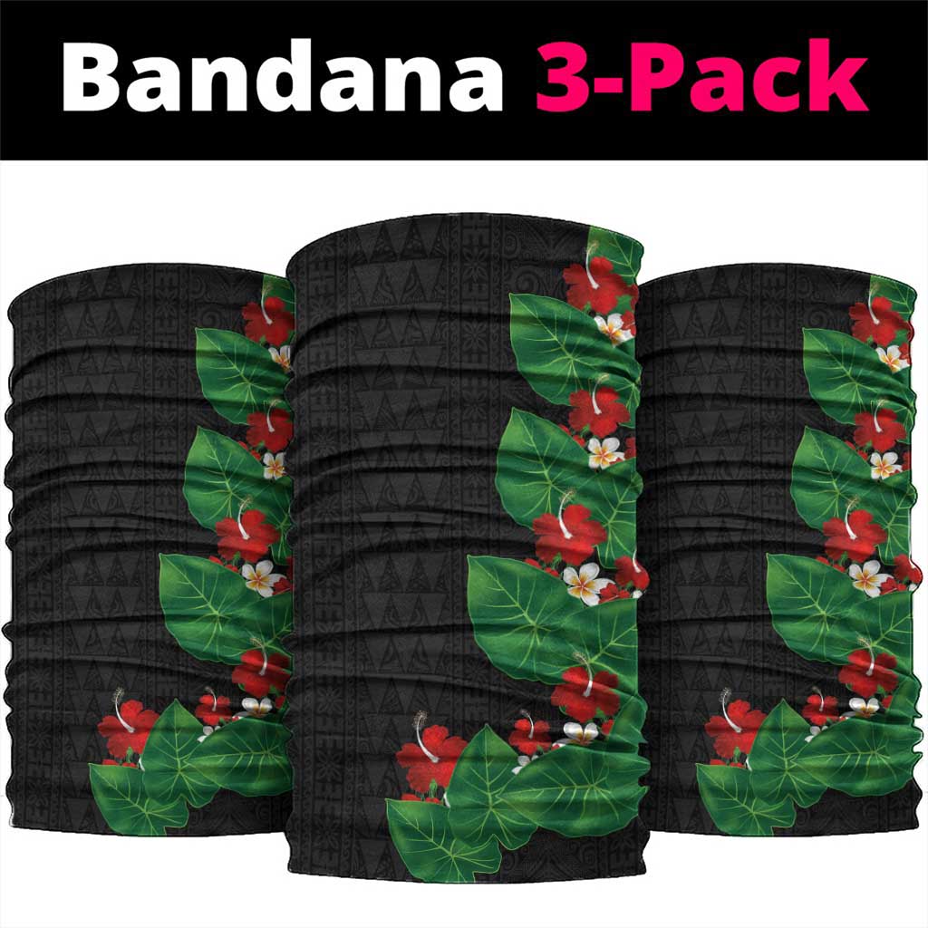 Hawaiian Taro Leaves-Hibiscus and Plumeria Neck Gaiter Polynesian Art-Kakau Tattoo Black