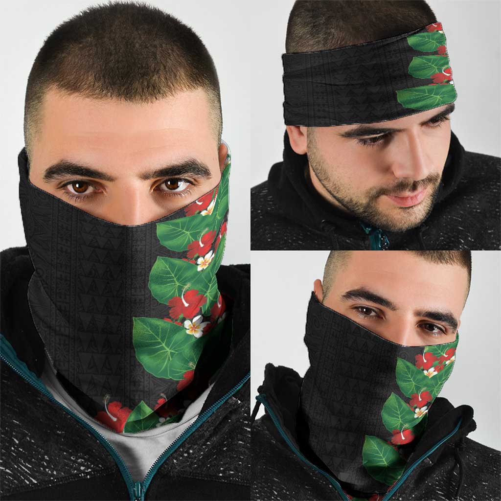 Hawaiian Taro Leaves-Hibiscus and Plumeria Neck Gaiter Polynesian Art-Kakau Tattoo Black