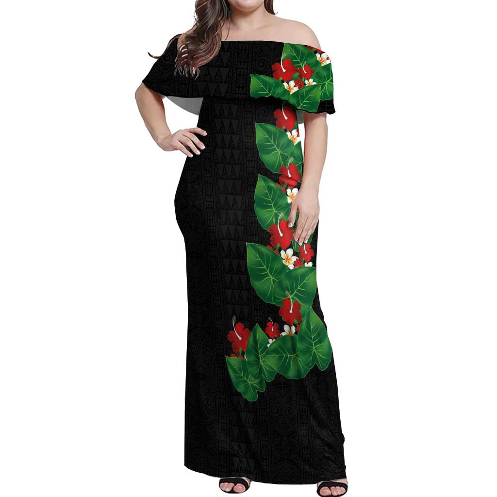 Hawaiian Taro Leaves-Hibiscus and Plumeria Off Shoulder Maxi Dress Polynesian Art-Kakau Tattoo Black LT03 Women Black - Polynesian Pride
