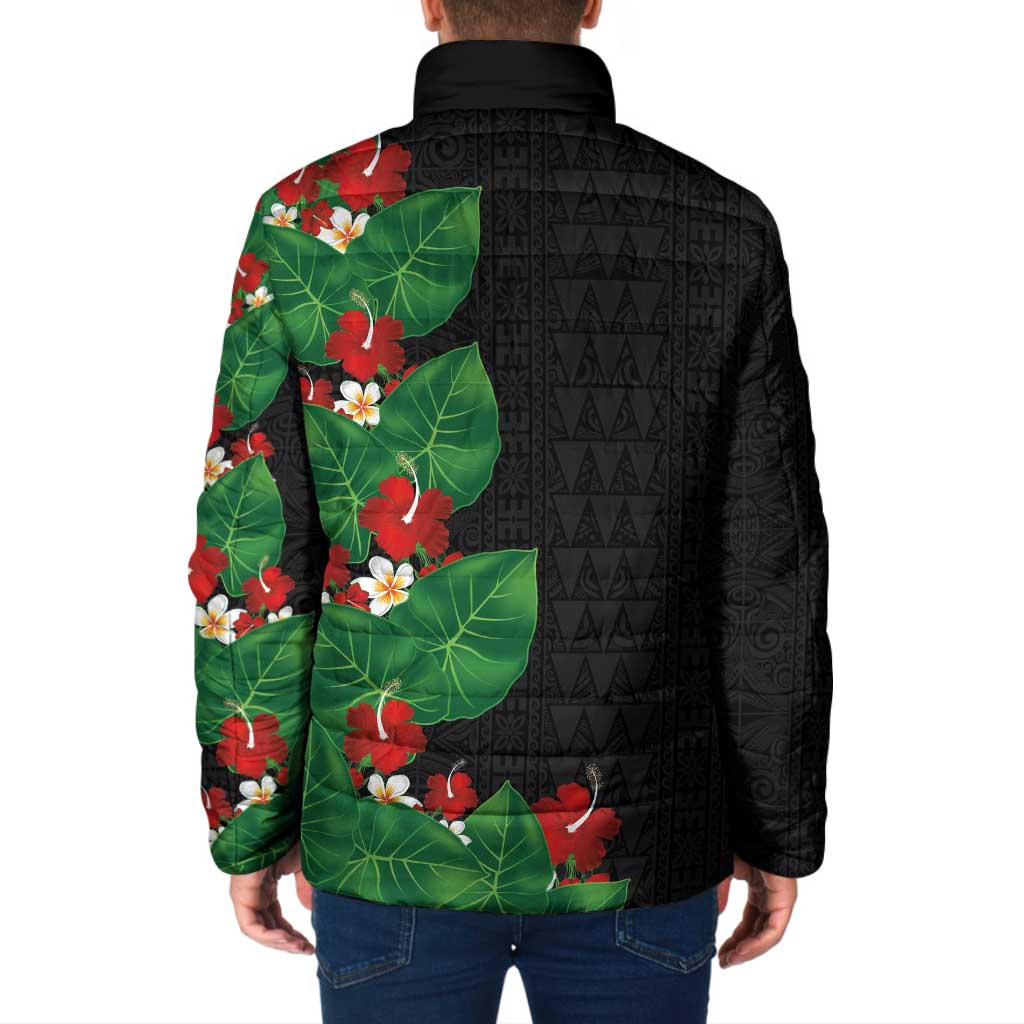 Hawaiian Taro Leaves-Hibiscus and Plumeria Padded Jacket Polynesian Art-Kakau Tattoo Black
