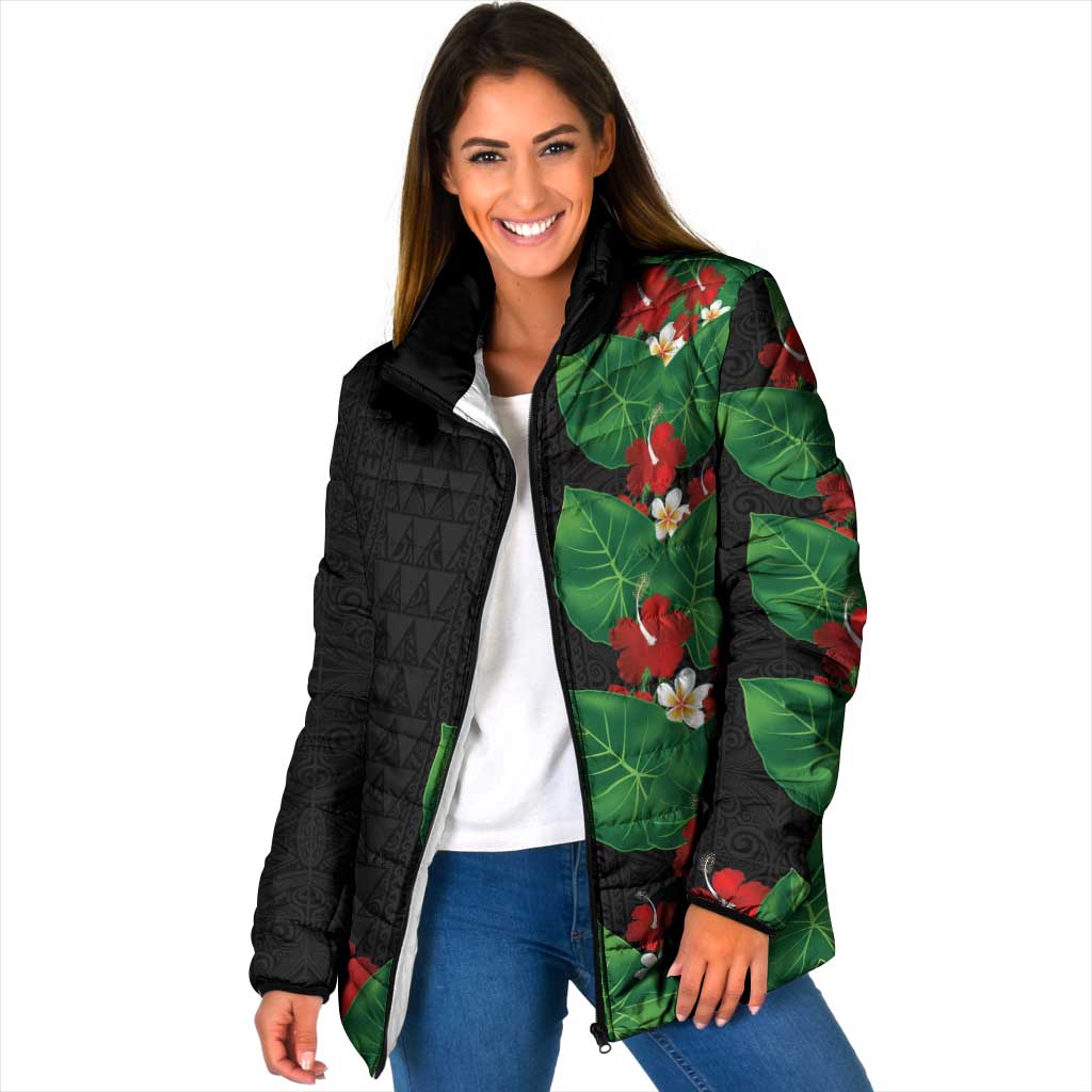 Hawaiian Taro Leaves-Hibiscus and Plumeria Padded Jacket Polynesian Art-Kakau Tattoo Black