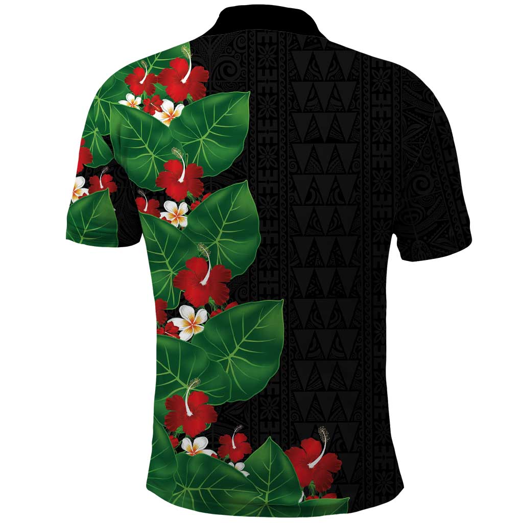 Hawaiian Taro Leaves-Hibiscus and Plumeria Polo Shirt Polynesian Art-Kakau Tattoo Black LT03 - Polynesian Pride