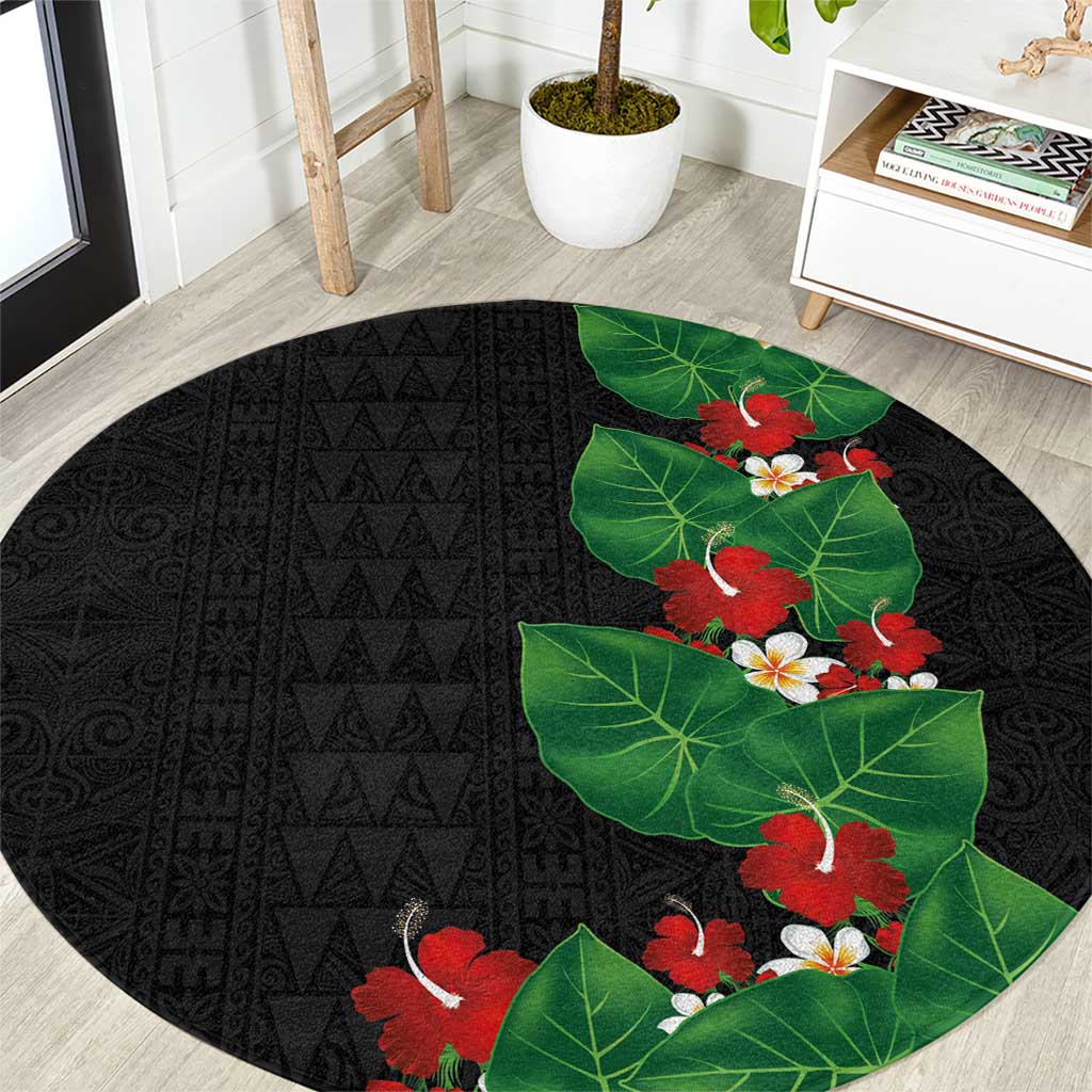 Hawaiian Taro Leaves-Hibiscus and Plumeria Round Carpet Polynesian Art-Kakau Tattoo Black