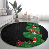 Hawaiian Taro Leaves-Hibiscus and Plumeria Round Carpet Polynesian Art-Kakau Tattoo Black