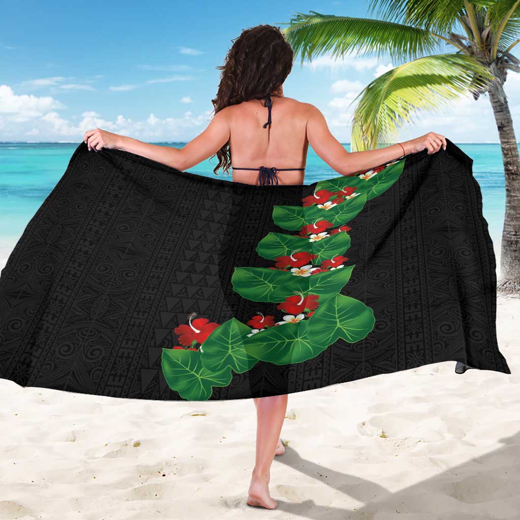 Hawaiian Taro Leaves-Hibiscus and Plumeria Sarong Polynesian Art-Kakau Tattoo Black