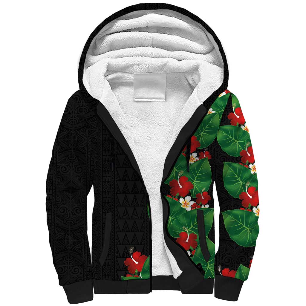 Hawaiian Taro Leaves-Hibiscus and Plumeria Sherpa Hoodie Polynesian Art-Kakau Tattoo Black LT03 Unisex Black - Polynesian Pride
