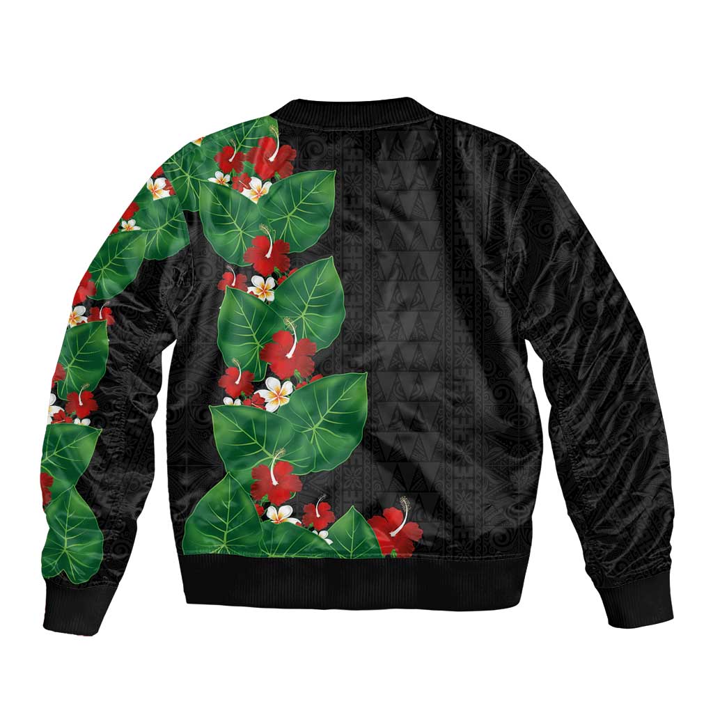 Hawaiian Taro Leaves-Hibiscus and Plumeria Sleeve Zip Bomber Jacket Polynesian Art-Kakau Tattoo Black