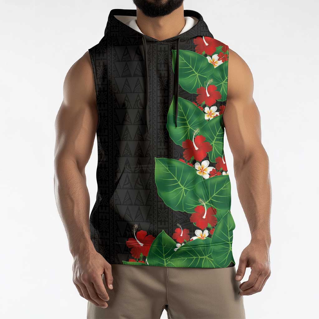 Hawaiian Taro Leaves-Hibiscus and Plumeria Sleeveless Hoodie Polynesian Art-Kakau Tattoo Black LT03 - Polynesian Pride