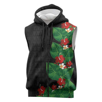 Hawaiian Taro Leaves-Hibiscus and Plumeria Sleeveless Zip Hoodie Polynesian Art-Kakau Tattoo Black LT03 Black - Polynesian Pride