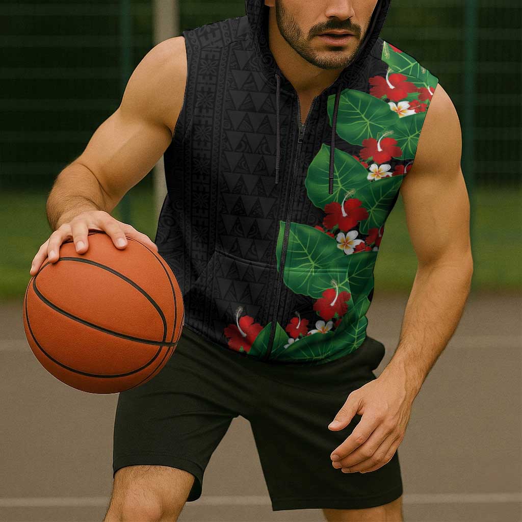 Hawaiian Taro Leaves-Hibiscus and Plumeria Sleeveless Zip Hoodie Polynesian Art-Kakau Tattoo Black LT03 - Polynesian Pride