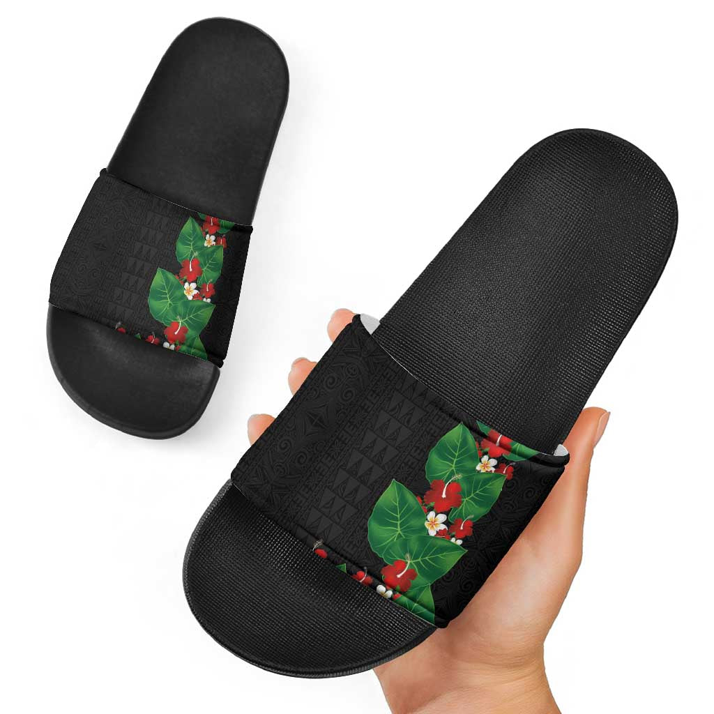 Hawaiian Taro Leaves-Hibiscus and Plumeria Slide Sandals Polynesian Art-Kakau Tattoo Black