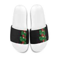 Hawaiian Taro Leaves-Hibiscus and Plumeria Slide Sandals Polynesian Art-Kakau Tattoo Black
