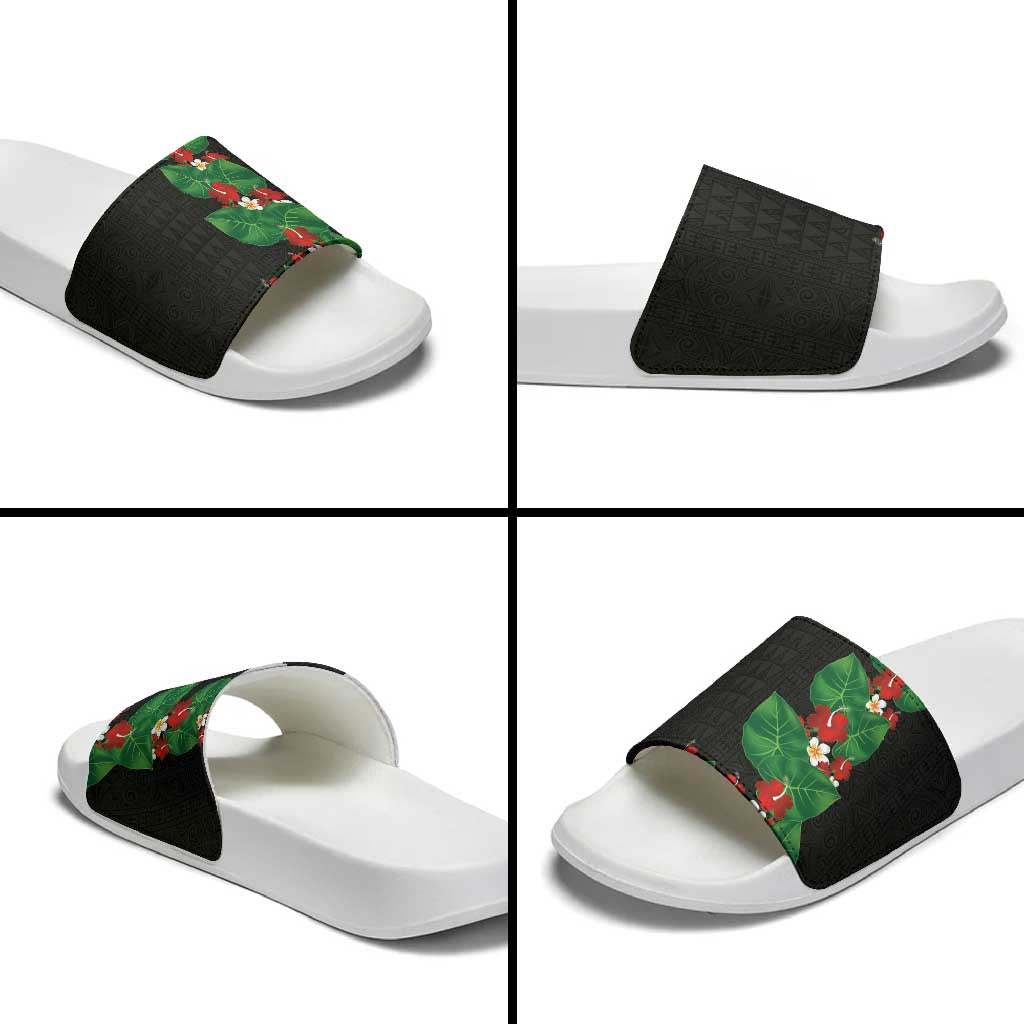 Hawaiian Taro Leaves-Hibiscus and Plumeria Slide Sandals Polynesian Art-Kakau Tattoo Black