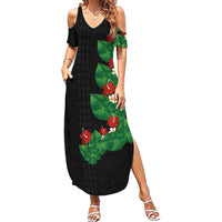 Hawaiian Taro Leaves-Hibiscus and Plumeria Summer Maxi Dress Polynesian Art-Kakau Tattoo Black LT03 Women Black - Polynesian Pride