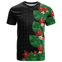 Hawaiian Taro Leaves-Hibiscus and Plumeria T Shirt Polynesian Art-Kakau Tattoo Black