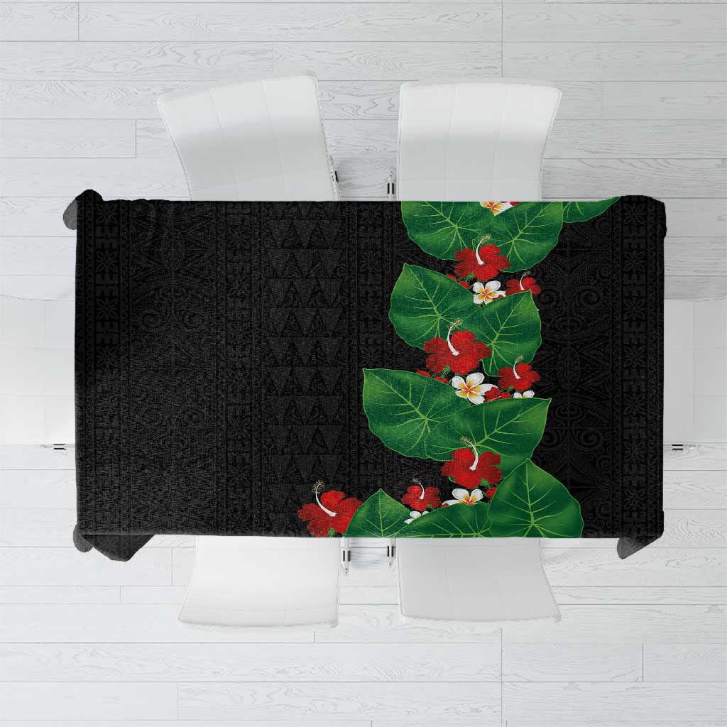 Hawaiian Taro Leaves-Hibiscus and Plumeria Tablecloth Polynesian Art-Kakau Tattoo Black