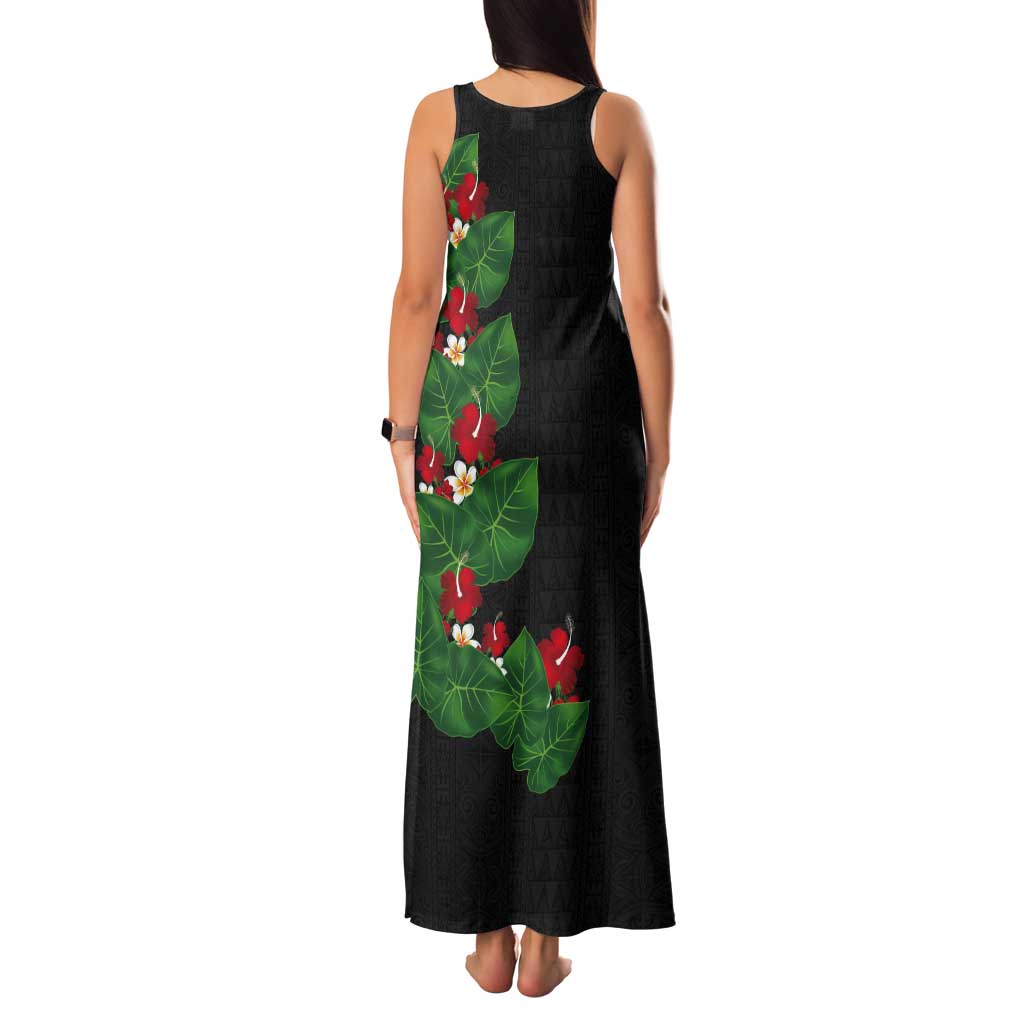 Hawaiian Taro Leaves-Hibiscus and Plumeria Tank Maxi Dress Polynesian Art-Kakau Tattoo Black LT03 - Polynesian Pride