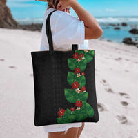 Hawaiian Taro Leaves-Hibiscus and Plumeria Tote Bag Polynesian Art-Kakau Tattoo Black