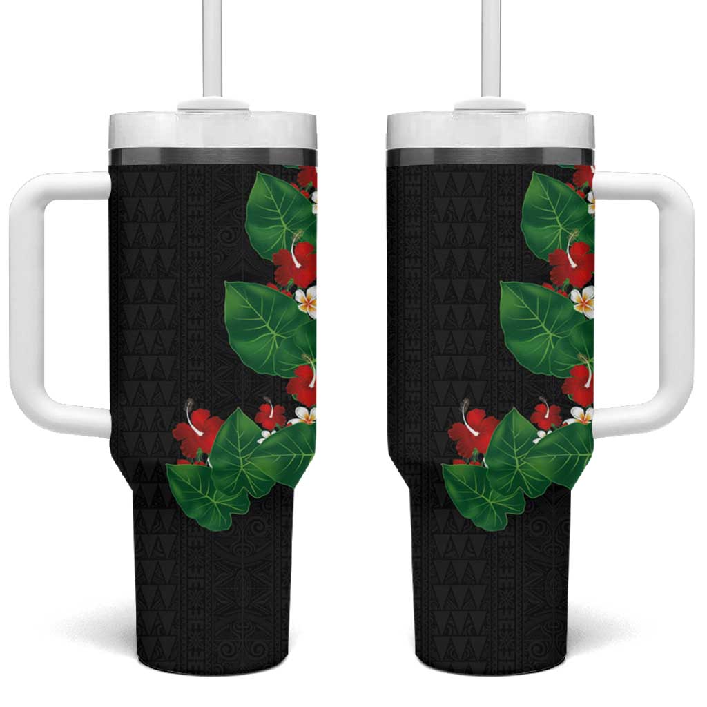 Hawaiian Taro Leaves-Hibiscus and Plumeria Tumbler With Handle Polynesian Art-Kakau Tattoo Black