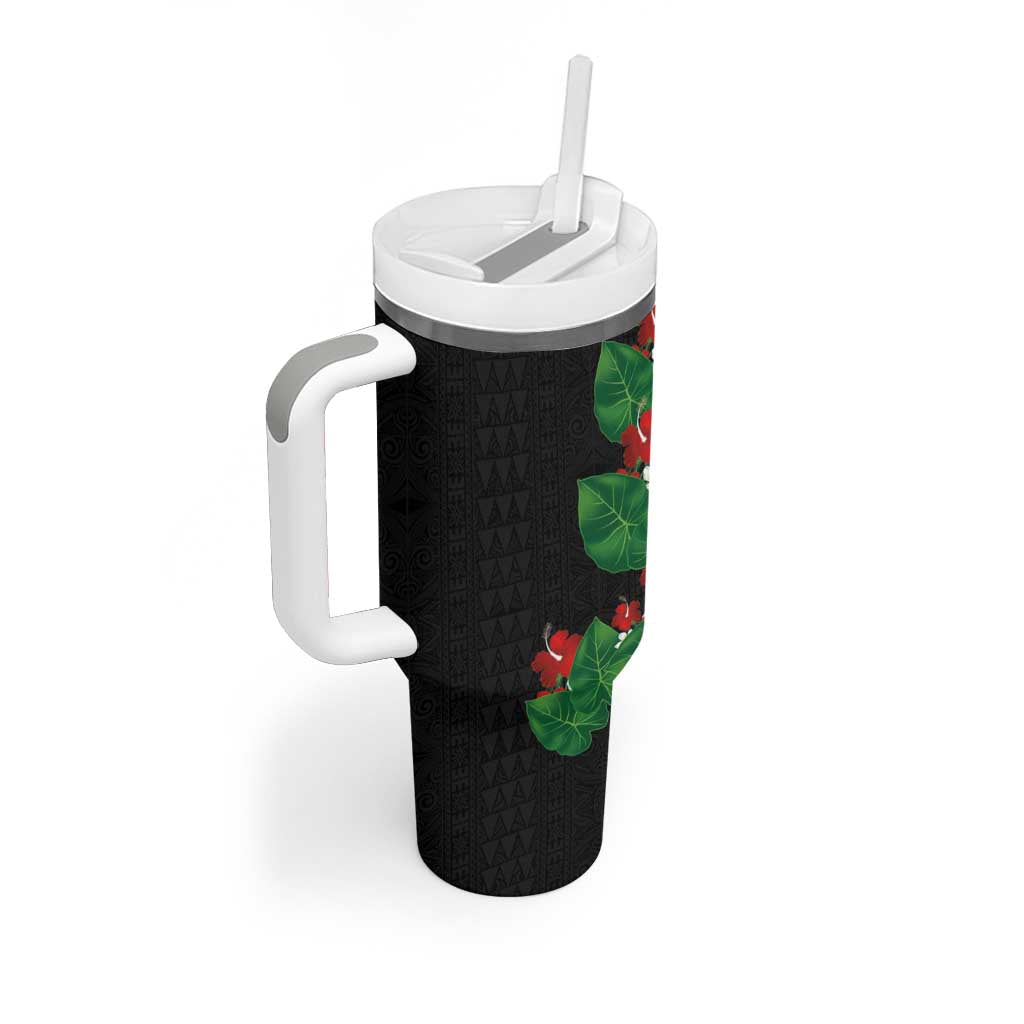 Hawaiian Taro Leaves-Hibiscus and Plumeria Tumbler With Handle Polynesian Art-Kakau Tattoo Black