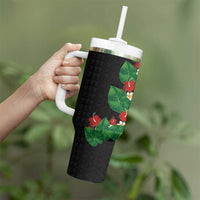 Hawaiian Taro Leaves-Hibiscus and Plumeria Tumbler With Handle Polynesian Art-Kakau Tattoo Black