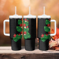 Hawaiian Taro Leaves-Hibiscus and Plumeria Tumbler With Handle Polynesian Art-Kakau Tattoo Black