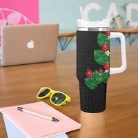 Hawaiian Taro Leaves-Hibiscus and Plumeria Tumbler With Handle Polynesian Art-Kakau Tattoo Black
